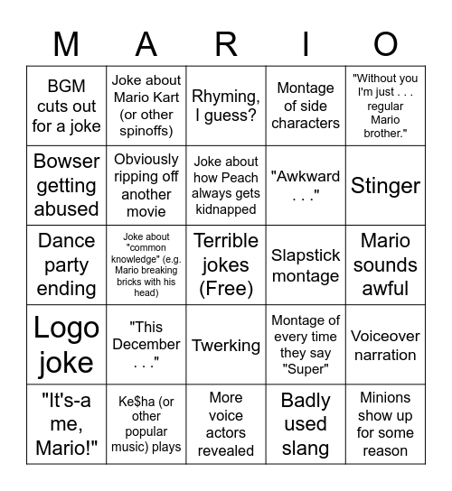 Mario Movie Bingo Card