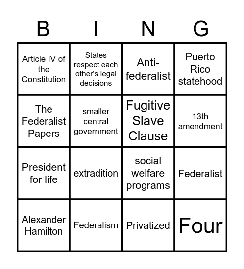 Federalism and the U.S. Constitution Bingo Card