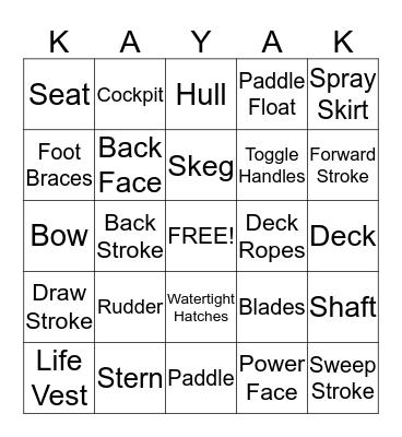 Kayak & Paddle Parts Bingo Card