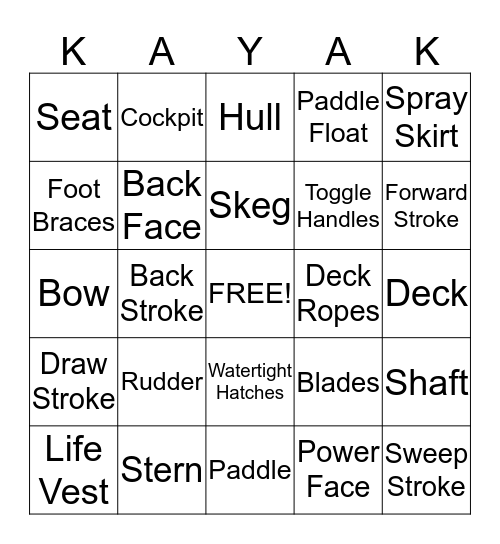 Kayak & Paddle Parts Bingo Card