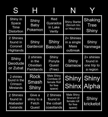 Pokemon Legends Arceus Shiny bingo Edition Bingo Card