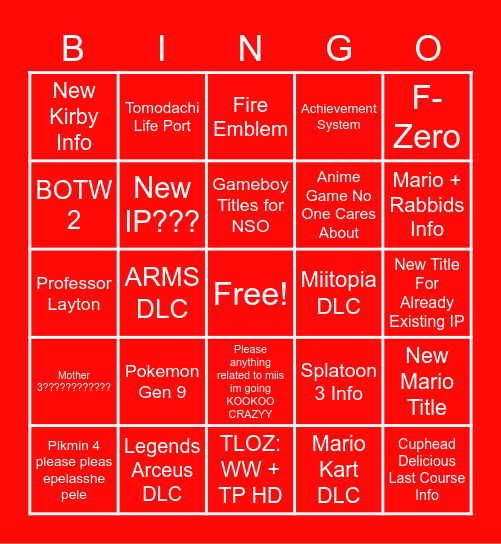 Nintendo Direct Feb 2022 Bingo Card