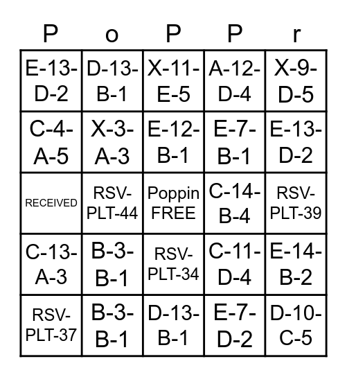 POPCORNVAN PoPPr Bingo Card