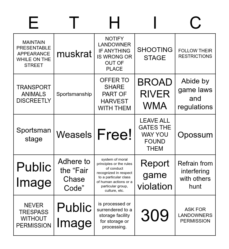 Wild Life Hunting Ethics Test Review Bingo Card