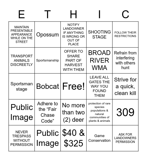 Wild Life: Hunting Ethics Test Review Bingo Card