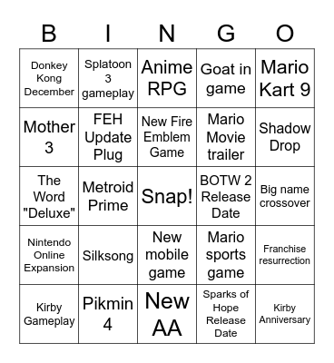 Nintendo Direct Bingo Card