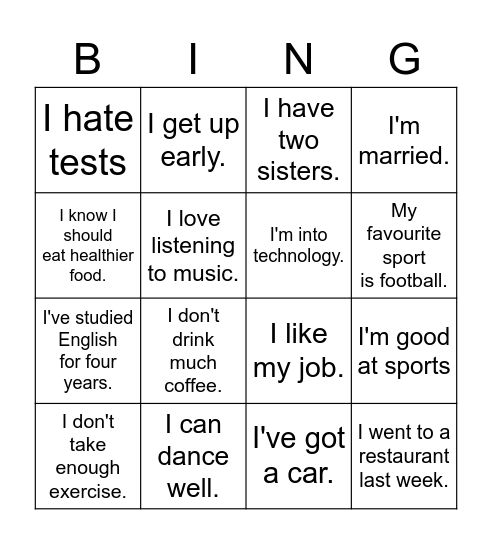 Getting to know you Bingo Card