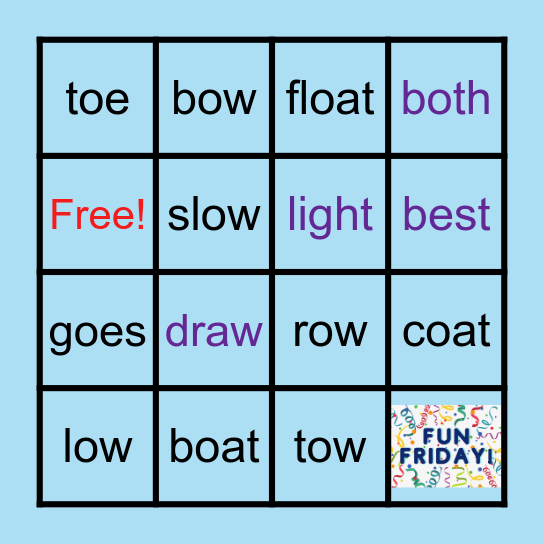 Week 23: Long O: oa, oe, ow & Sight Words Bingo Card