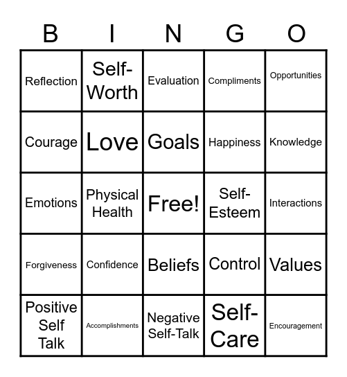 Self-Esteem Week Bingo Card