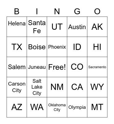 Western/Southwest States Bingo Card