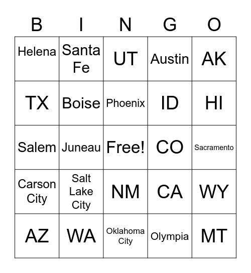 Western/Southwest States Bingo Card