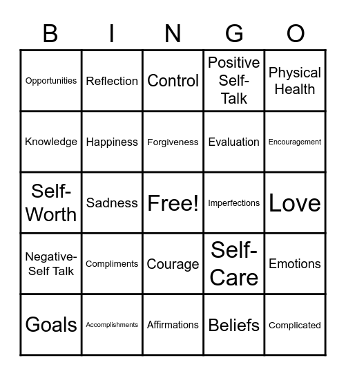 Self-Esteem Week Bingo Card