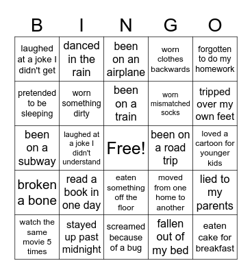 NEVER HAVE I EVER...... Bingo Card