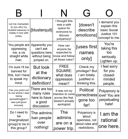 Polyamory Facebook Group bingo Card