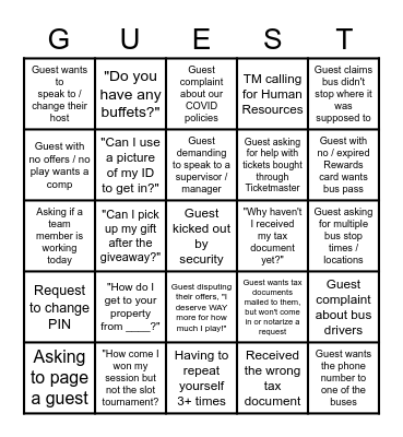 Guest Services Bingo Card