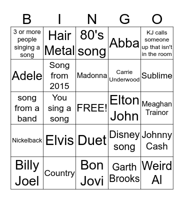 Karaoke Bingo Card