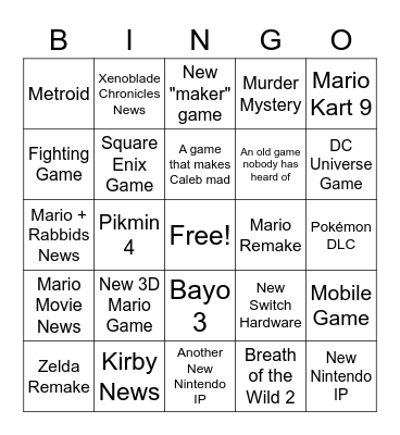 Nintendo Direct Bingo Card