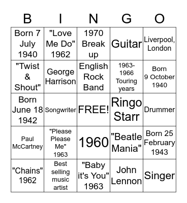 BEATLES Bingo Card