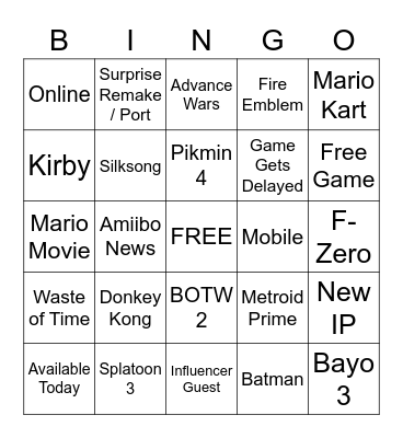 Nintendo Direct Bingo Card