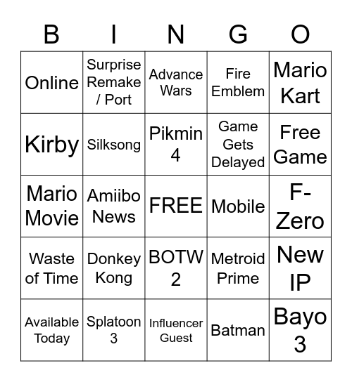 Nintendo Direct Bingo Card