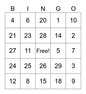 Number Bingo Card