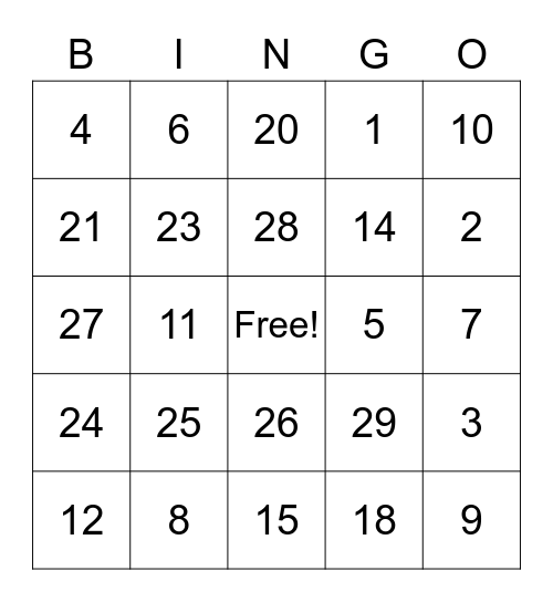 Number Bingo Card