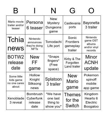 Nintendo Direct Bingo 2022 Bingo Card