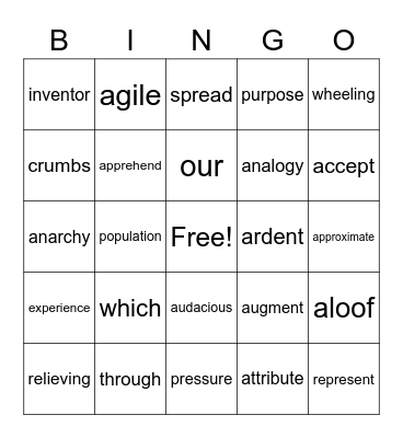 Vocabulary Words Bingo Card