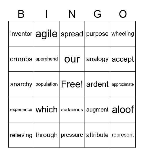 Vocabulary Words Bingo Card