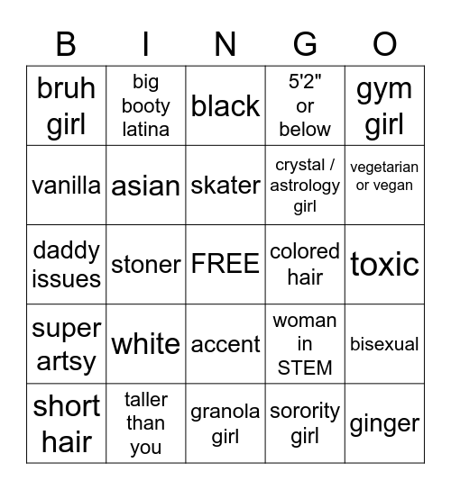 Types of Girls You've Dated Bingo Card