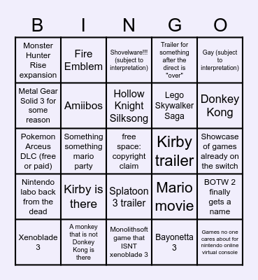 Nintendo Direct 2/9/22 Bingo Card