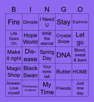 BTS songs Bingo Card