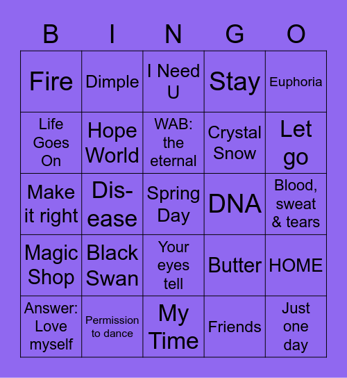 BTS songs Bingo Card