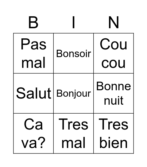 French Greetings Bingo Card