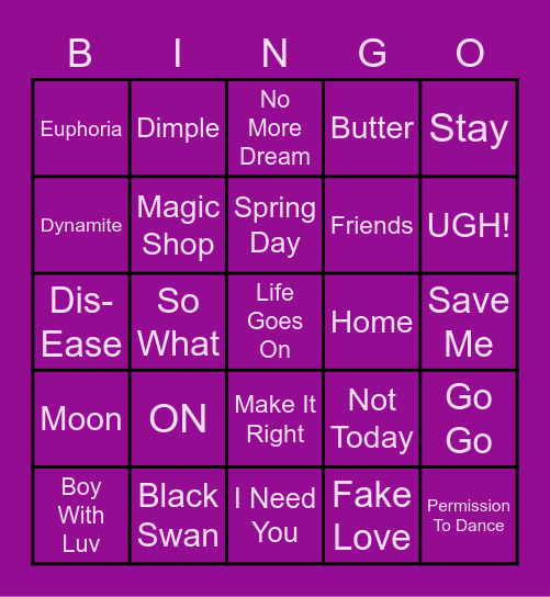 BTS Bingo- @MynameisJess91 Bingo Card