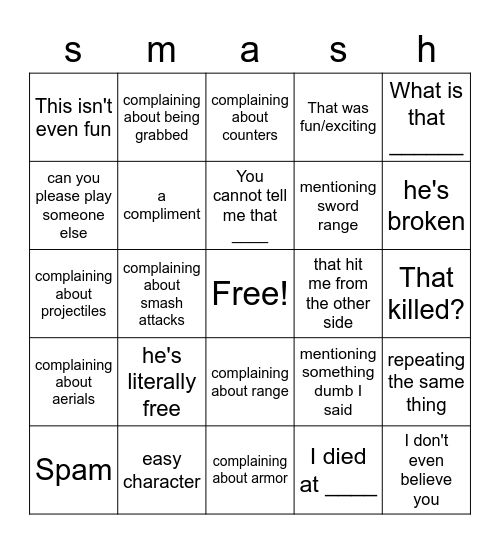 smash bros Bingo Card