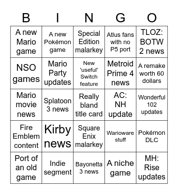 Nintendo Bingo Card