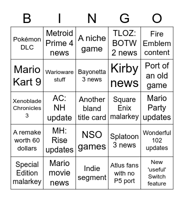 Sintendo Bingo Card