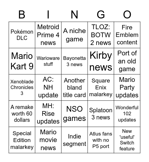 Sintendo Bingo Card