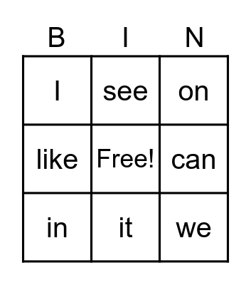 Sight words Bingo! Bingo Card