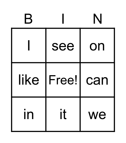 Sight words Bingo! Bingo Card