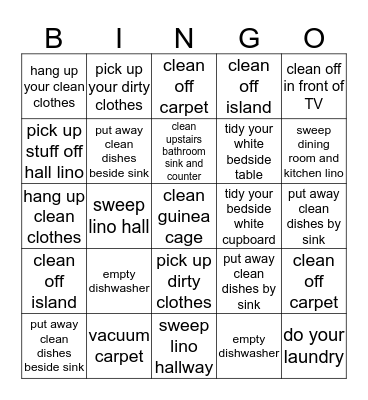 Melissa chore chart July 27-Aug 2 Bingo Card