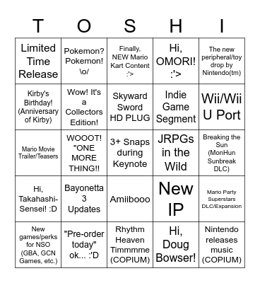 Nintendo Direct 2022 (Toshi Style) Bingo Card