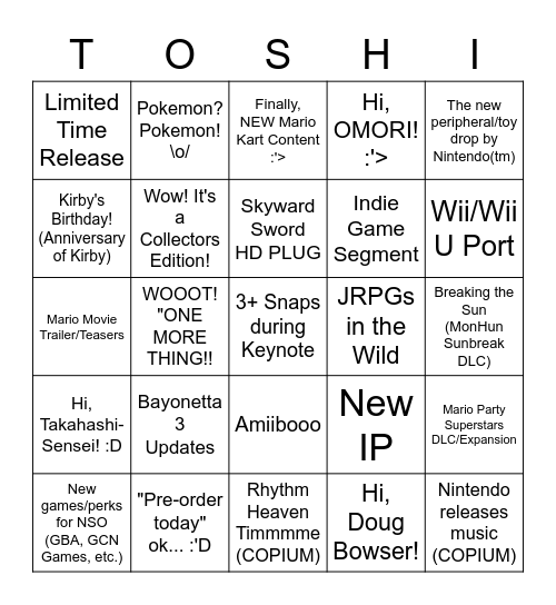 Nintendo Direct 2022 (Toshi Style) Bingo Card