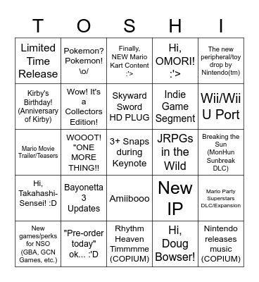 Nintendo Direct 2022 (Toshi Style) Bingo Card