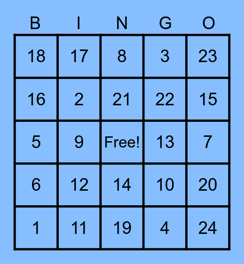 numbers 1 to 24 Bingo Card