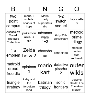 Nintendo Direct 10 feb Bingo Card