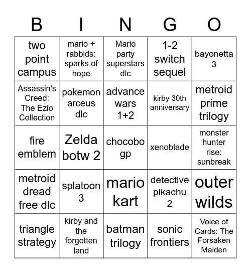 Nintendo Direct 10 feb Bingo Card