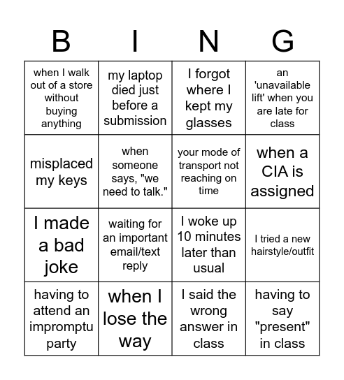 Minor Stress Causing Events Bingo Card