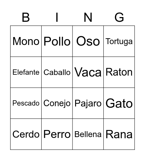 ANIMALES Bingo Card